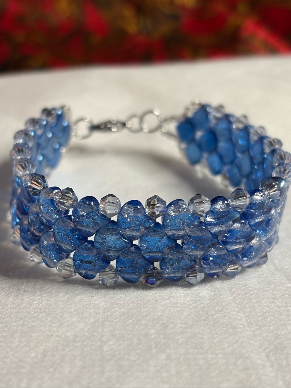 Blue Ginkgo and Crystal Bracelet 7.5 inches